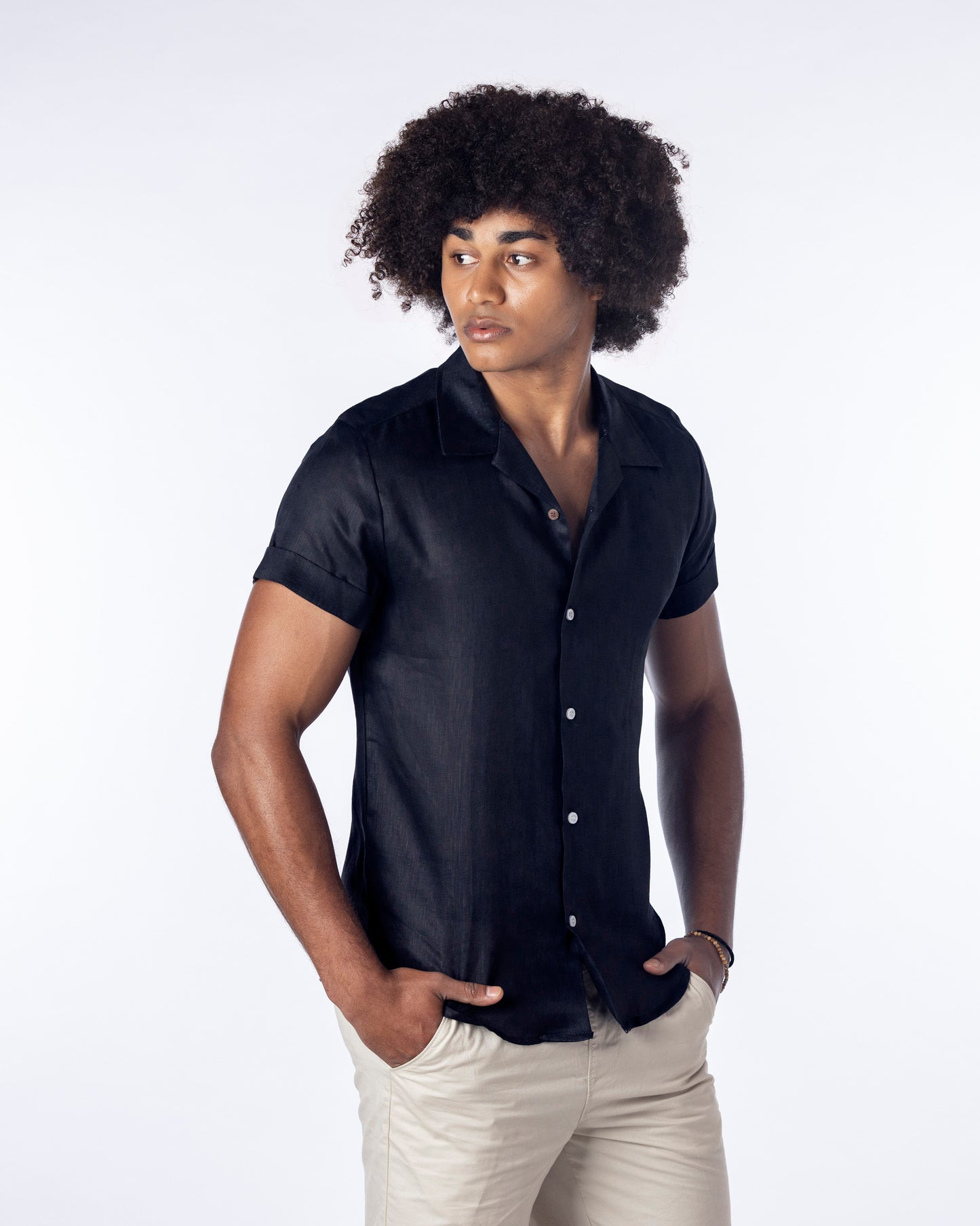 navy pose Short Sleeve Linen Shirt for Men layback collar shirt party shirt bowling shirt
