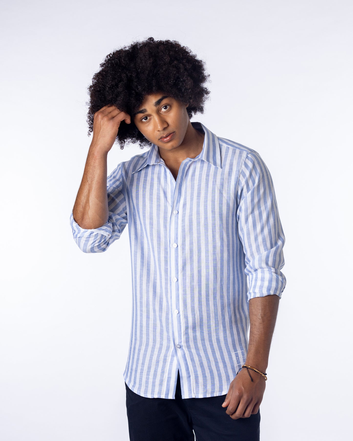 sky and white Linen Shirt for Men long sleeve button up