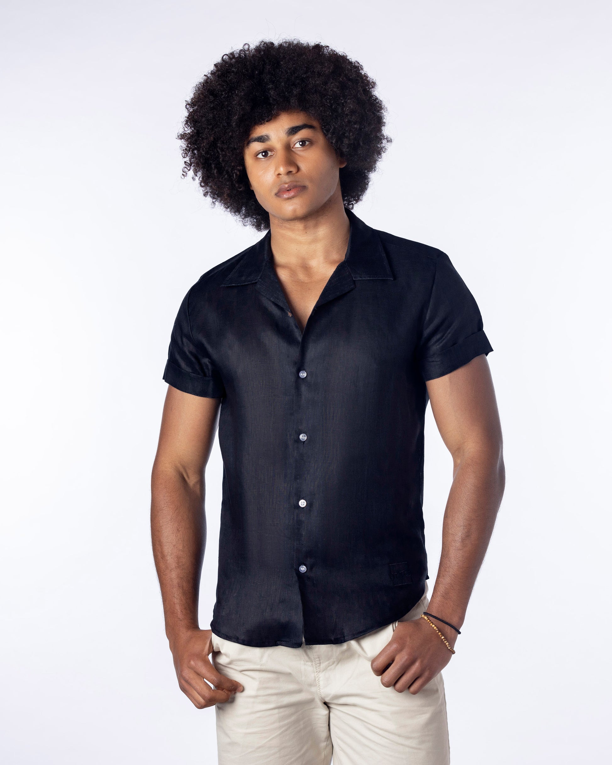 navy Short Sleeve Linen Shirt for Men layback collar shirt party shirt bowling shirt