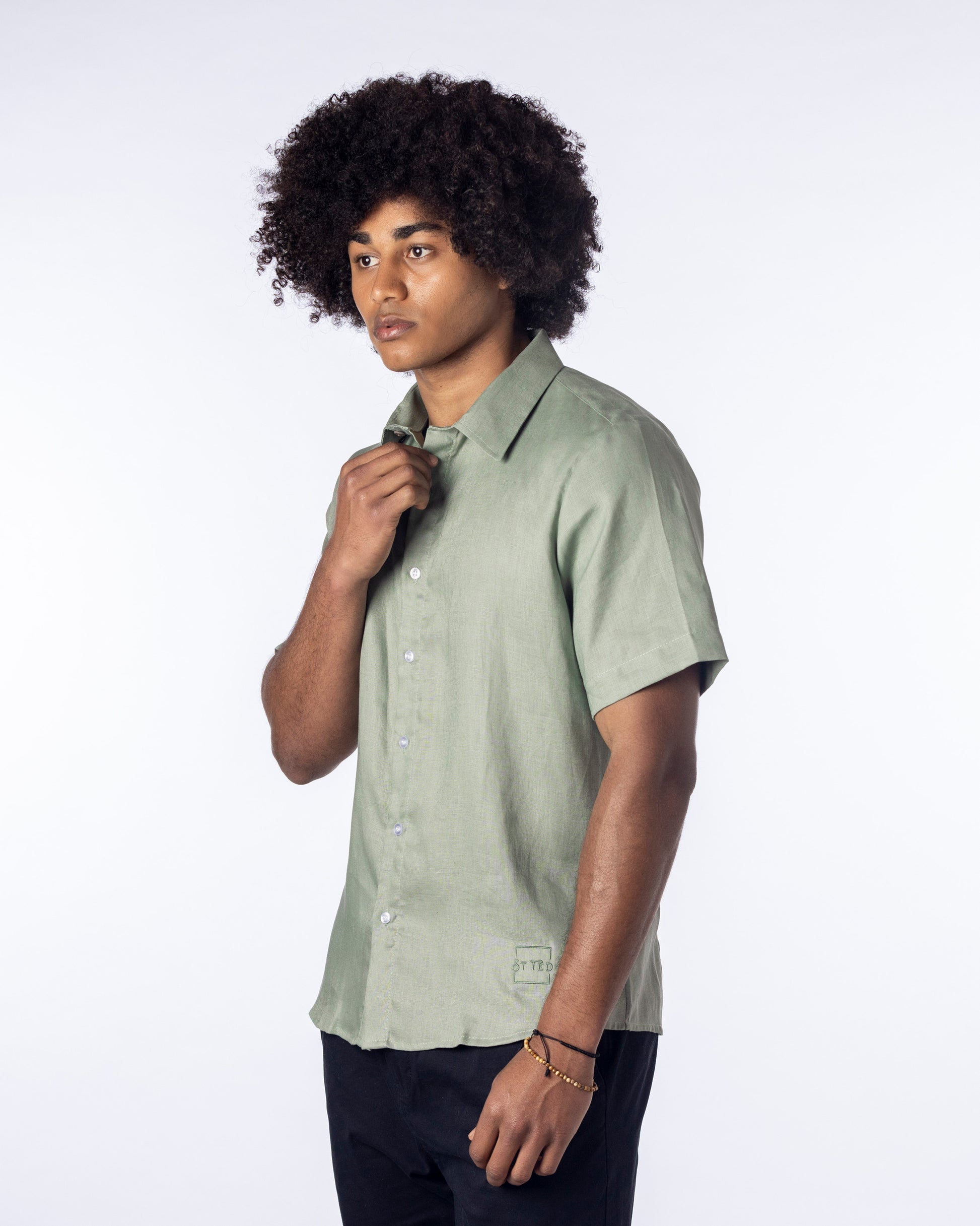 khaki Linen Shirt for Men short sleeve button up