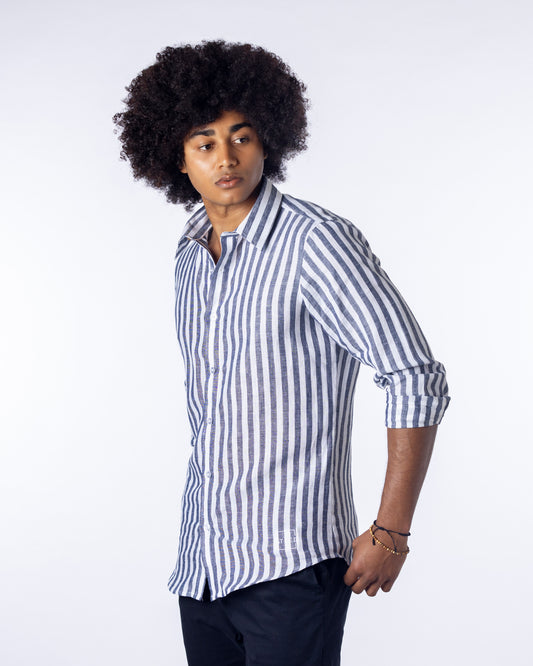 navy and white stripe Linen Shirt for Men long sleeve button up