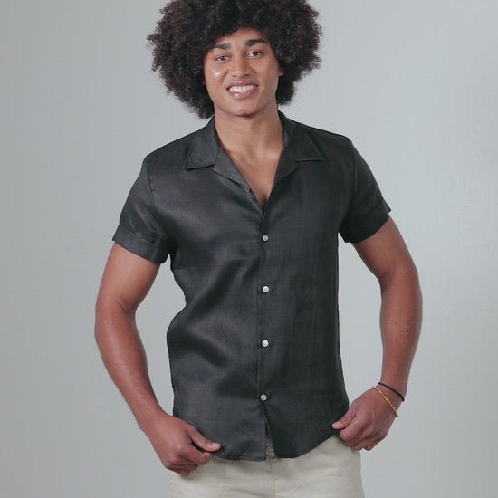 black fabric Short Sleeve Linen Shirt for Men layback collar shirt party shirt bowling shirt video